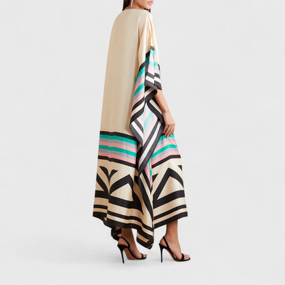 Vloeiende damesjurk met kaftan-snit en asymmetrische zoom – AYLA DRIFT - Glamorix