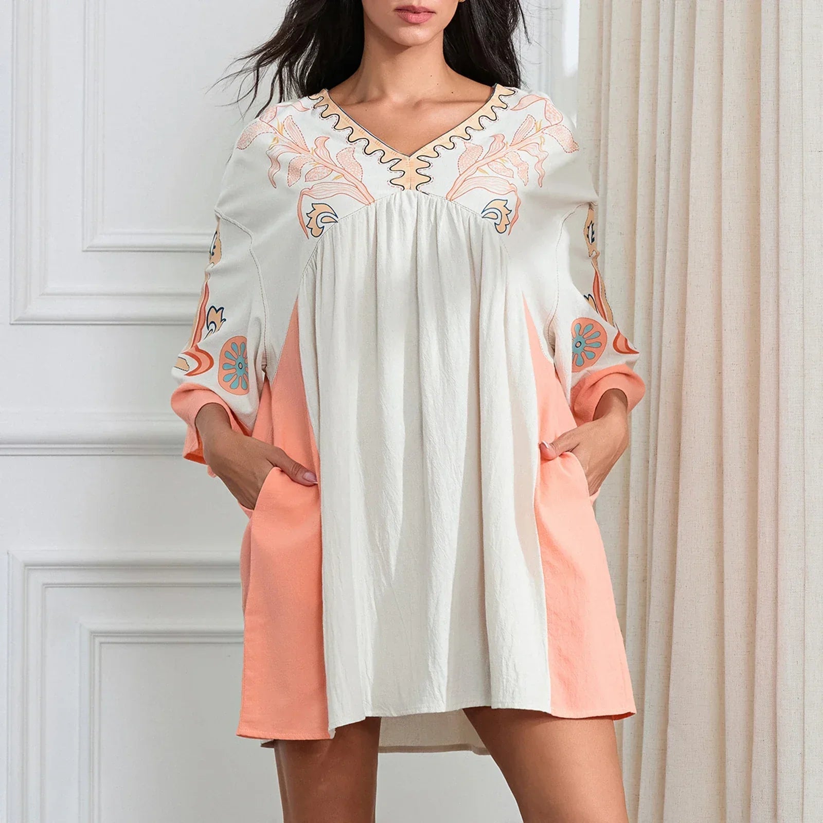 Dames tuniekjurk met V-hals en geborduurde details – ISLA BOHO - Glamorix