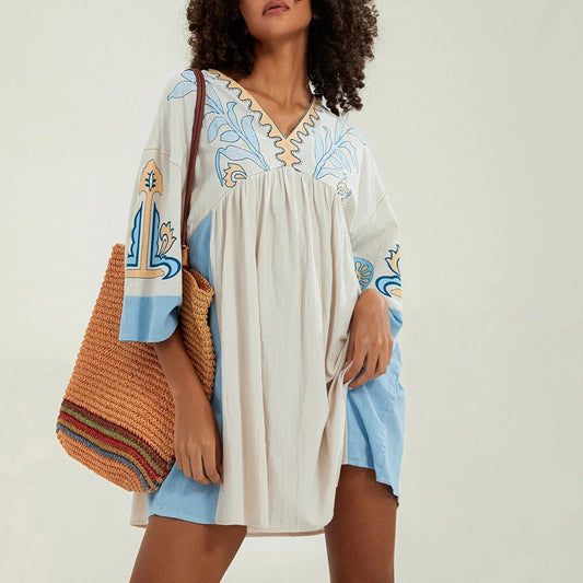 Dames tuniekjurk met V-hals en geborduurde details – ISLA BOHO - Glamorix