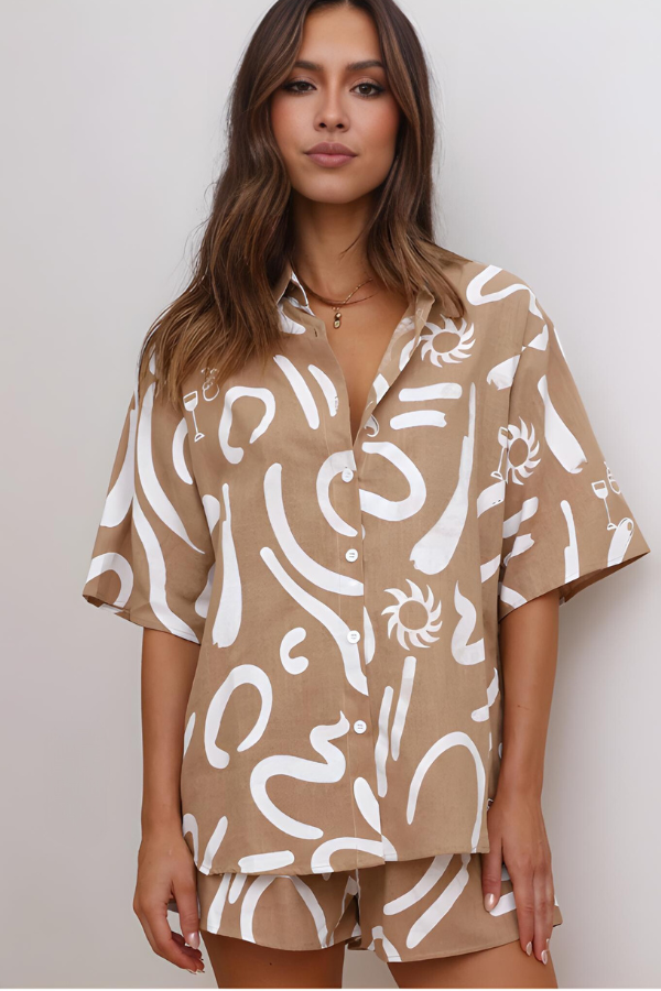 Tweedelige dames set met losvallende blouse en short – MAELIE LINNSET - Glamorix