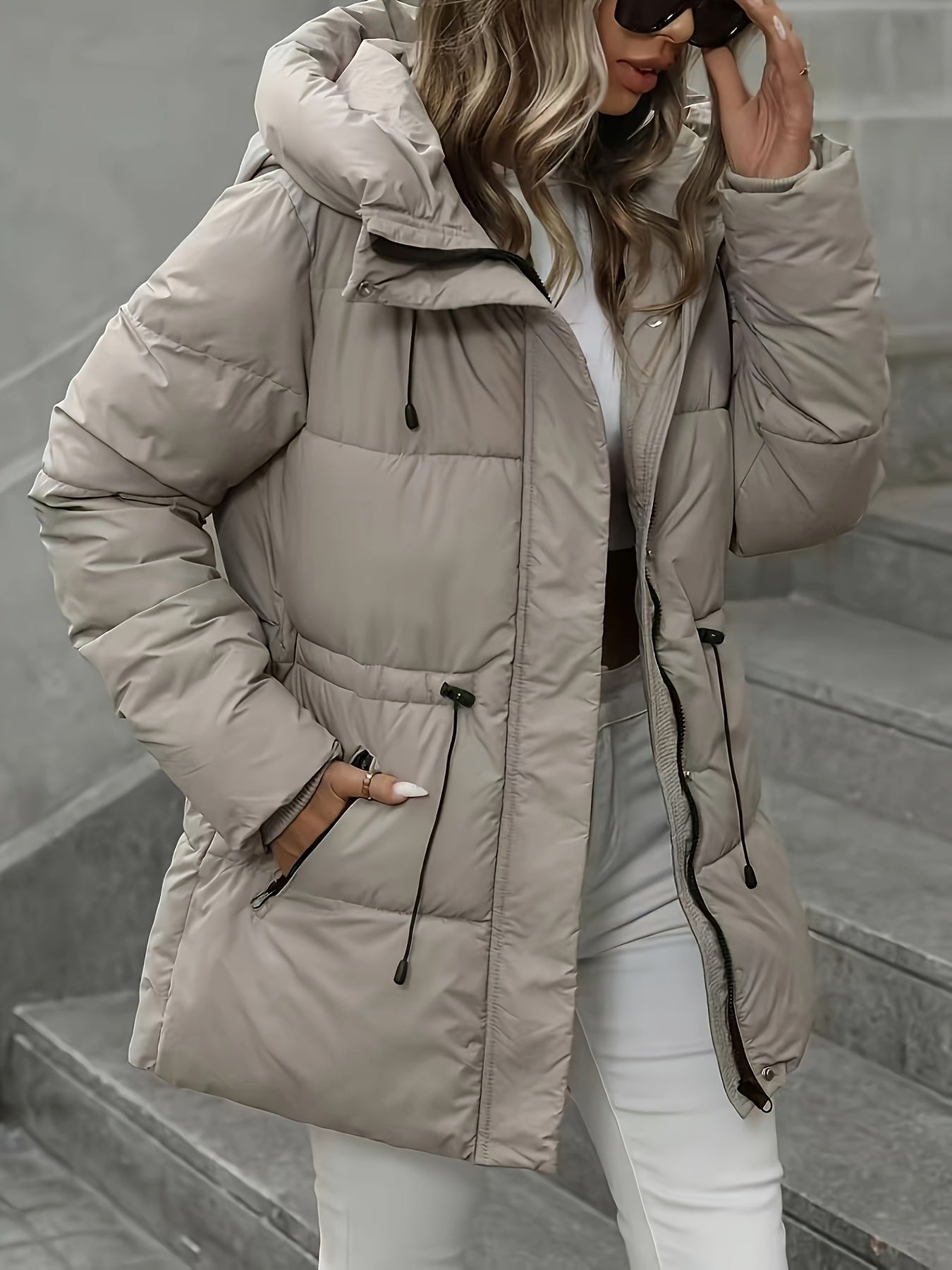 Halflange outdoorjas met capuchon en tailleband – NOVAWEAR - Glamorix
