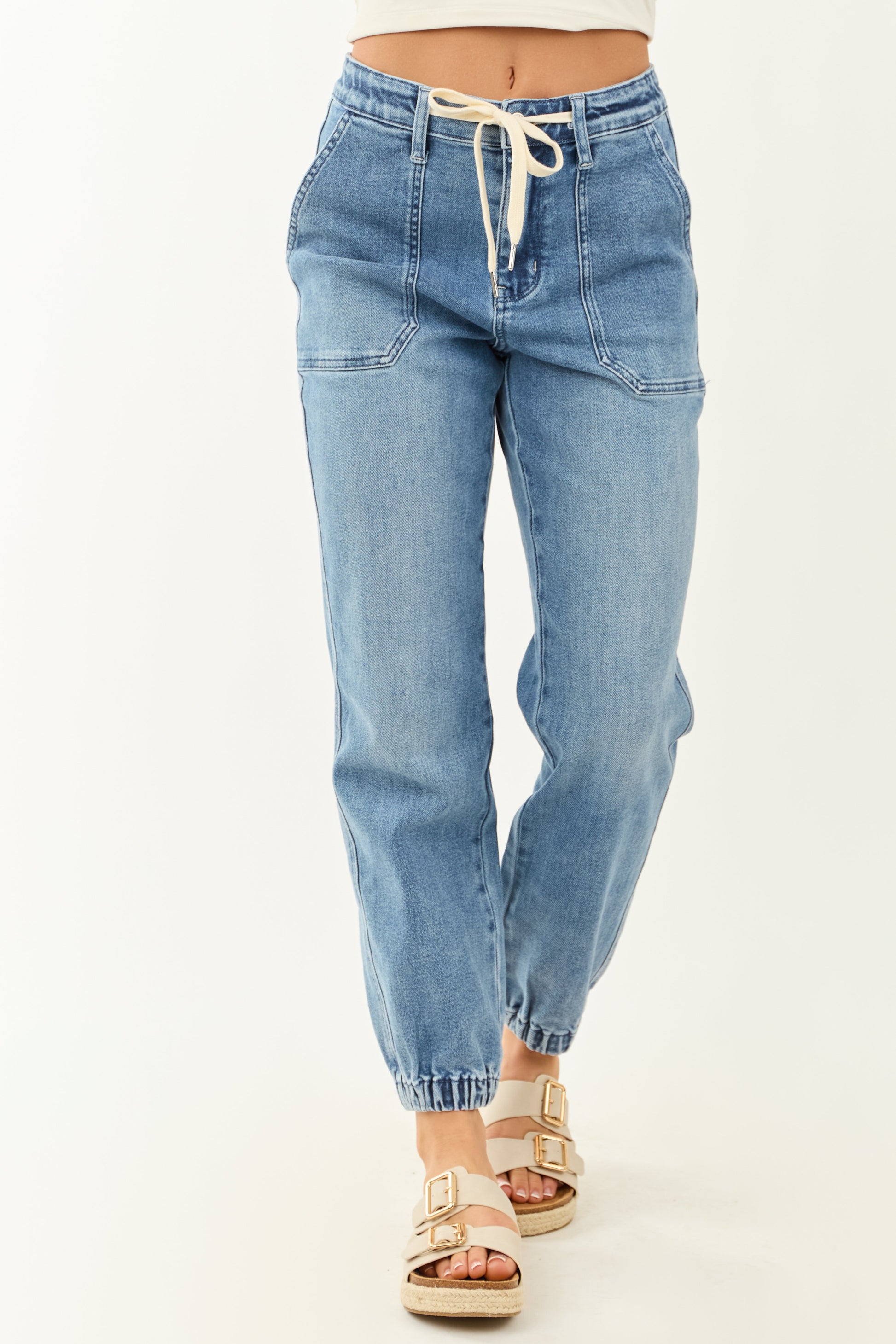 NOËLLE – Blauwe dames jeans jogger met trekkoord en relaxed fit - Glamorix