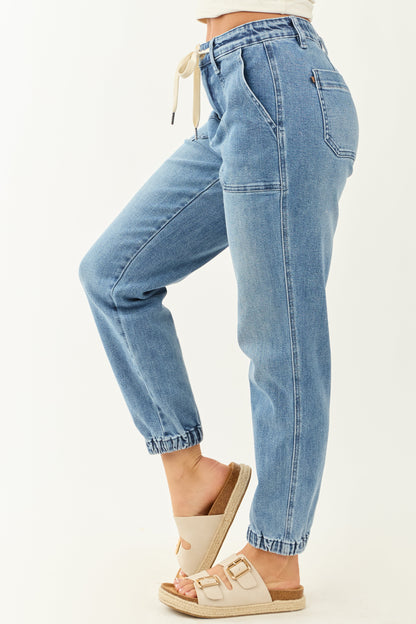 NOËLLE – Blauwe dames jeans jogger met trekkoord en relaxed fit - Glamorix