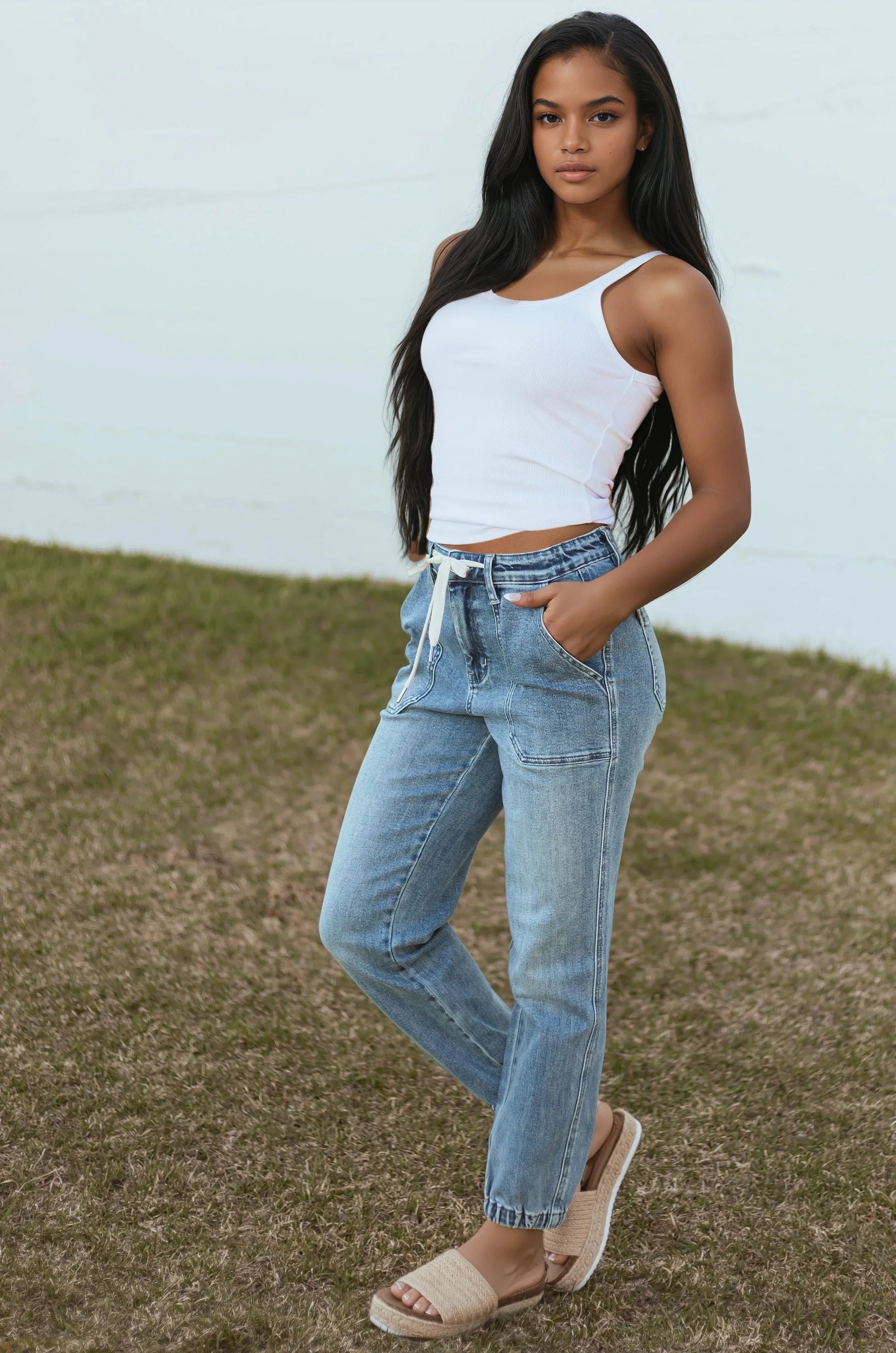 NOËLLE – Blauwe dames jeans jogger met trekkoord en relaxed fit - Glamorix