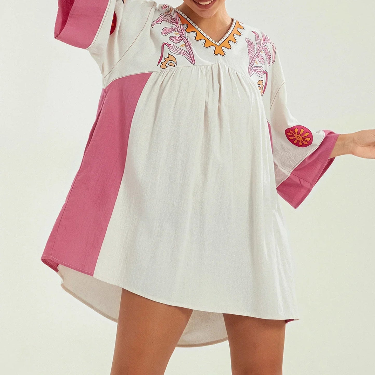 Dames tuniekjurk met V-hals en geborduurde details – ISLA BOHO - Glamorix