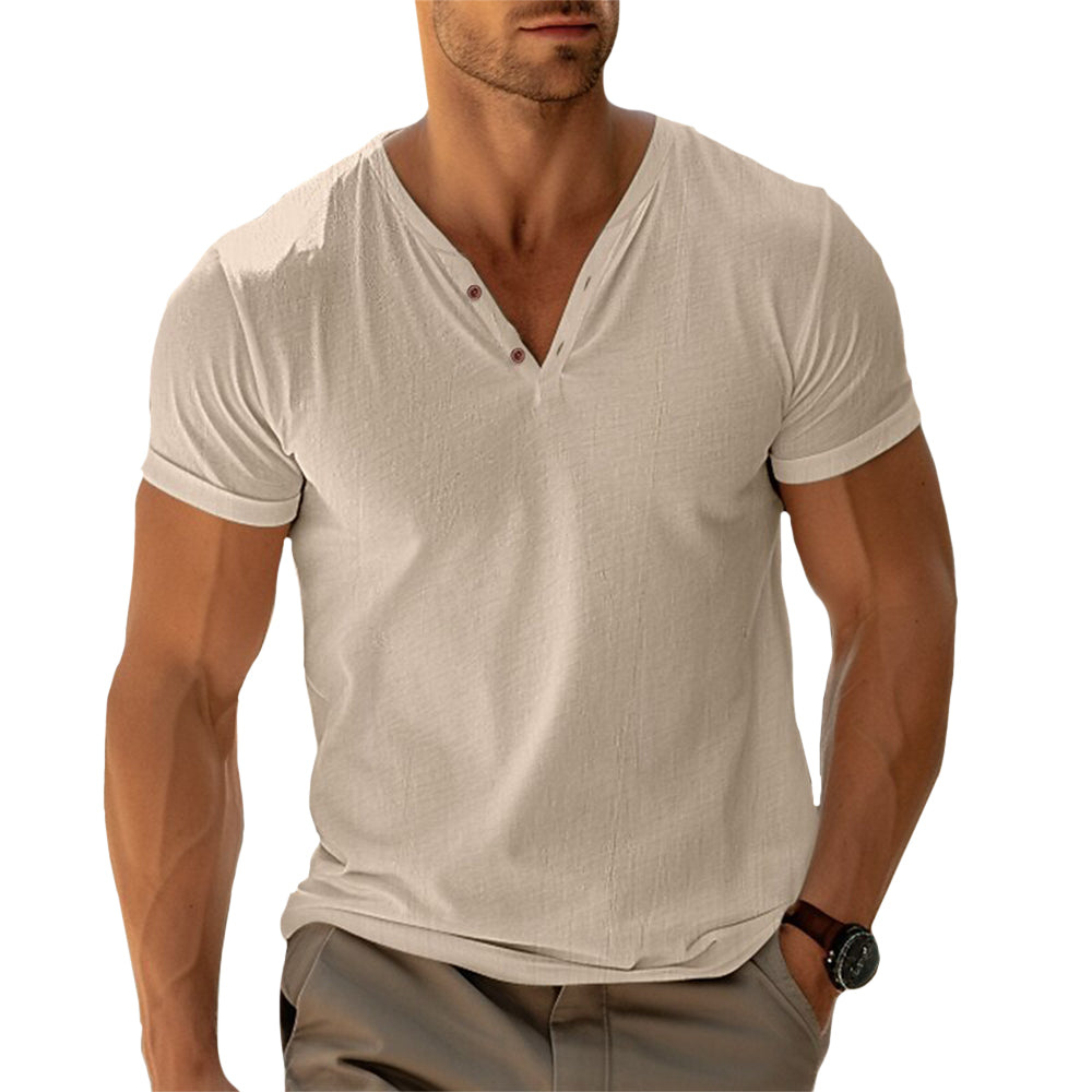 Modern heren T-shirt met V-hals en knoopdetail – DEXTON V-NECK - Glamorix