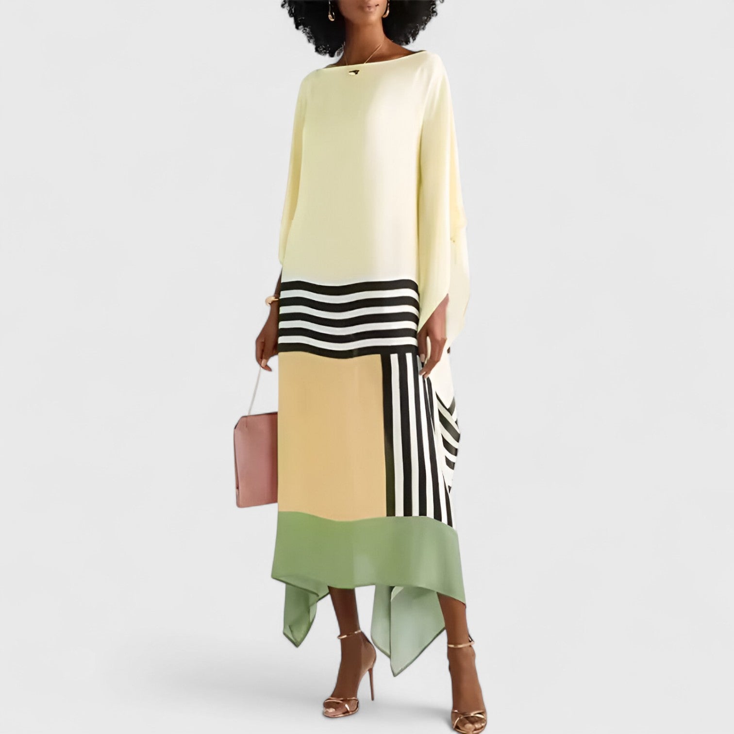 Vloeiende damesjurk met kaftan-snit en asymmetrische zoom – AYLA DRIFT - Glamorix