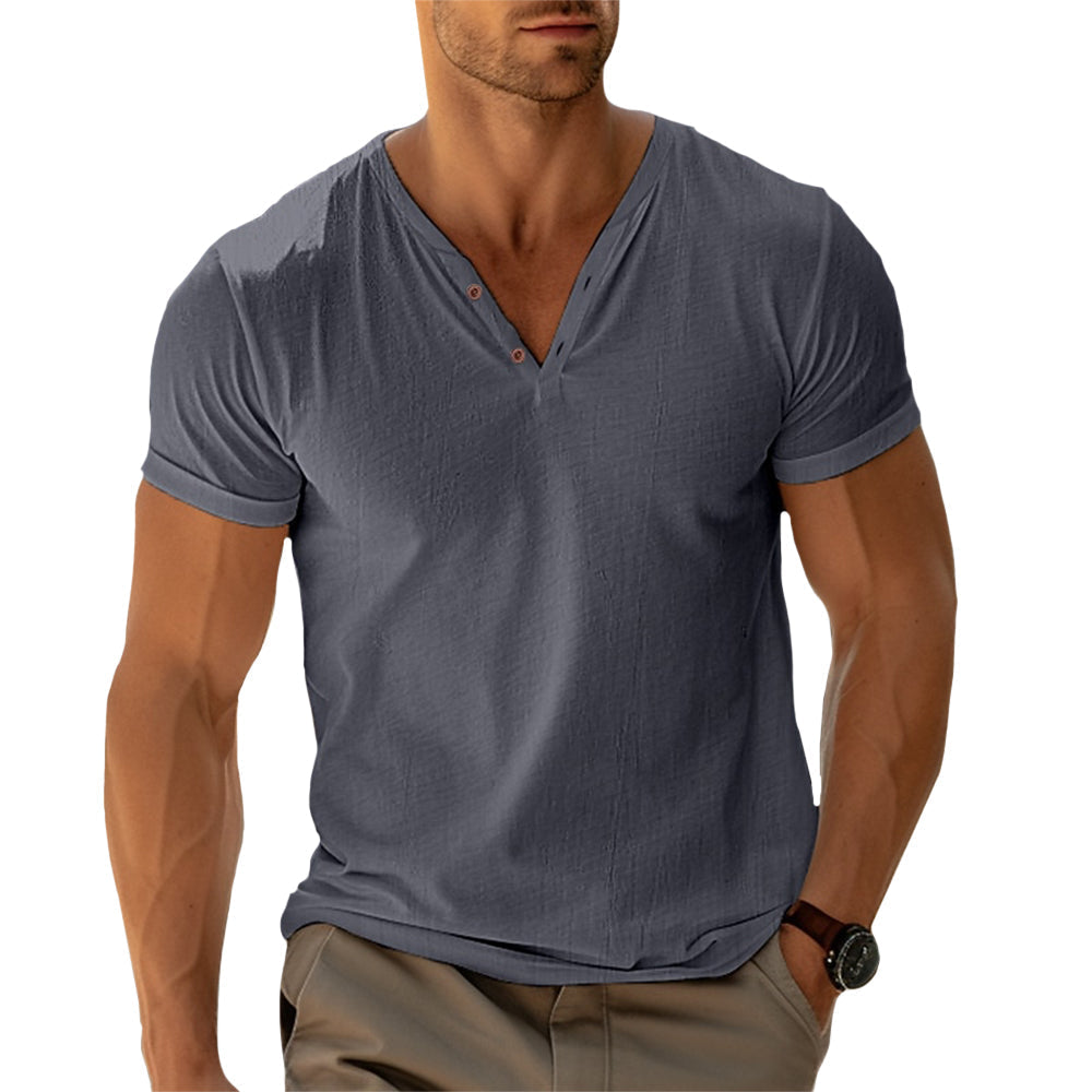 Modern heren T-shirt met V-hals en knoopdetail – DEXTON V-NECK - Glamorix