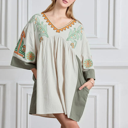 Dames tuniekjurk met V-hals en geborduurde details – ISLA BOHO - Glamorix