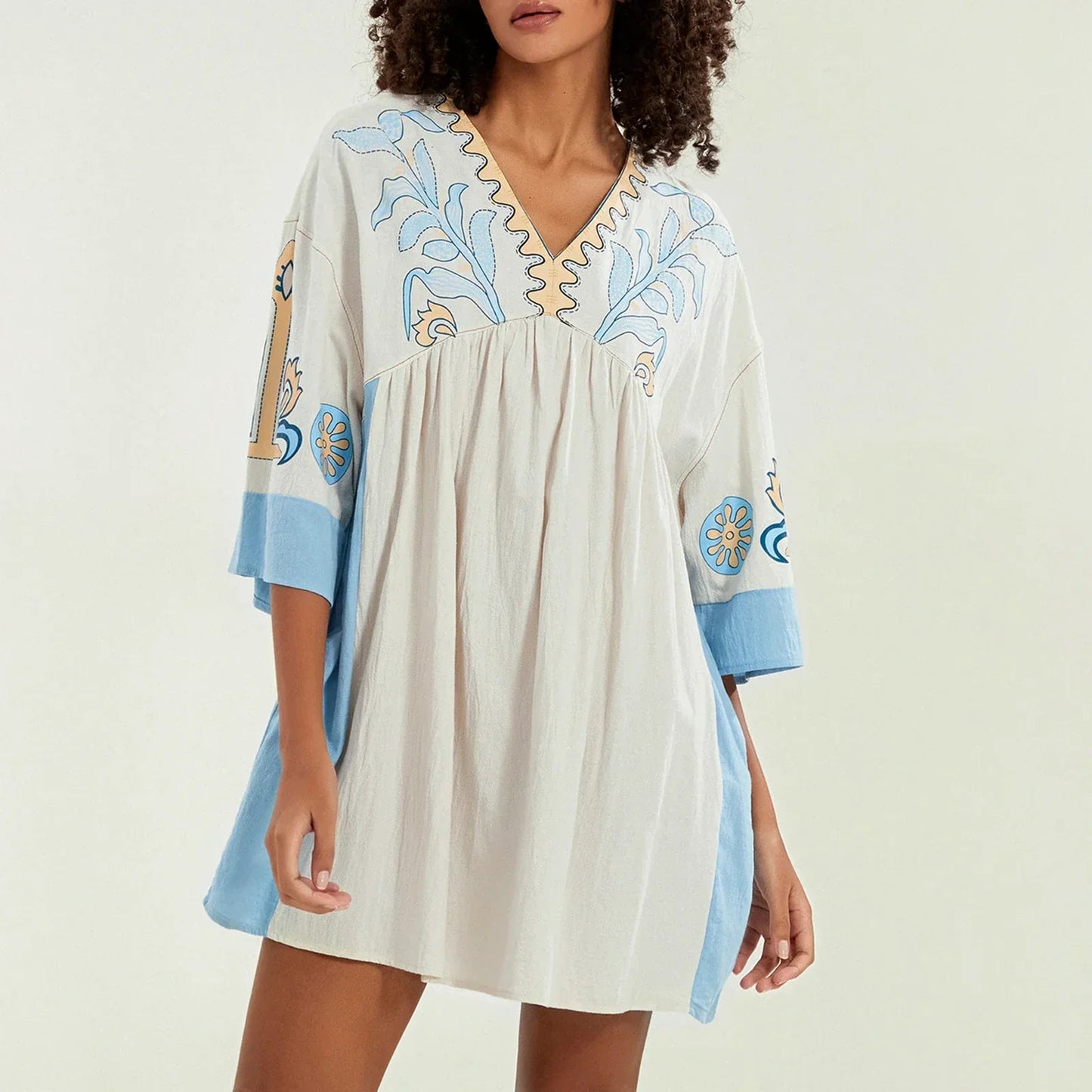 Dames tuniekjurk met V-hals en geborduurde details – ISLA BOHO - Glamorix