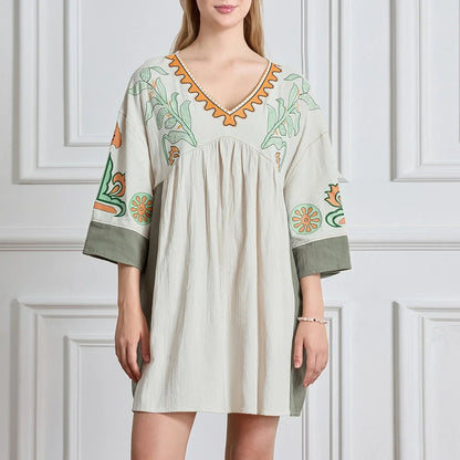 Dames tuniekjurk met V-hals en geborduurde details – ISLA BOHO - Glamorix