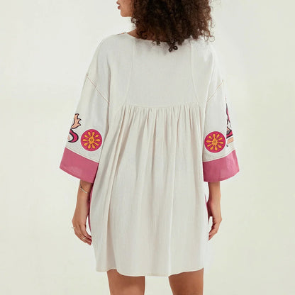 Dames tuniekjurk met V-hals en geborduurde details – ISLA BOHO - Glamorix