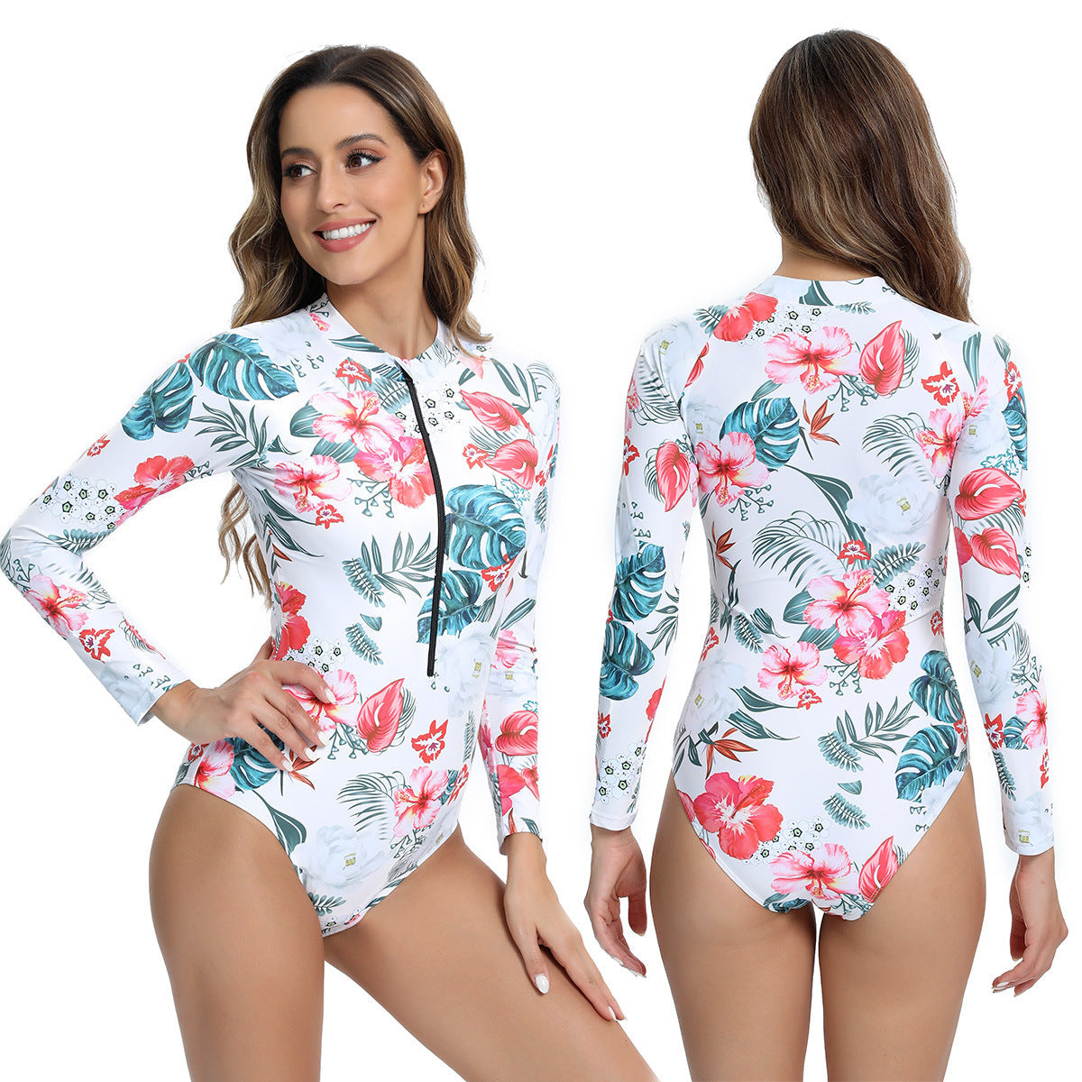 Modieus langmouw badpak met frontrits en sportieve allure – VALERIA - Glamorix