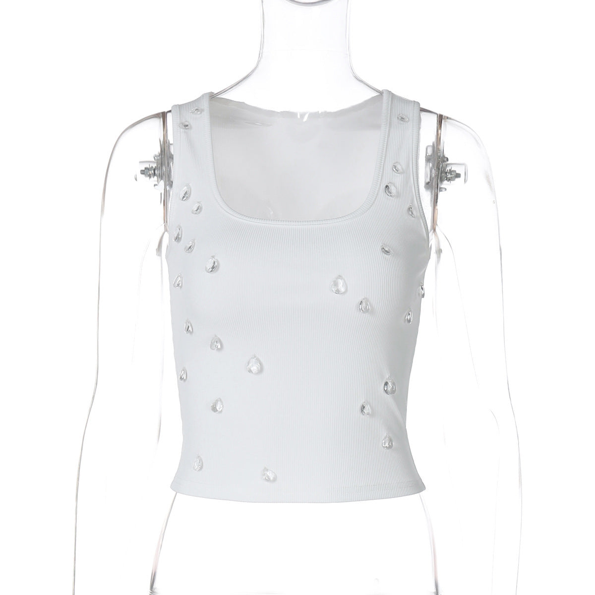 Elegante dames tanktop met vierkante hals en siersteentjes – VELINA GLOW - Glamorix
