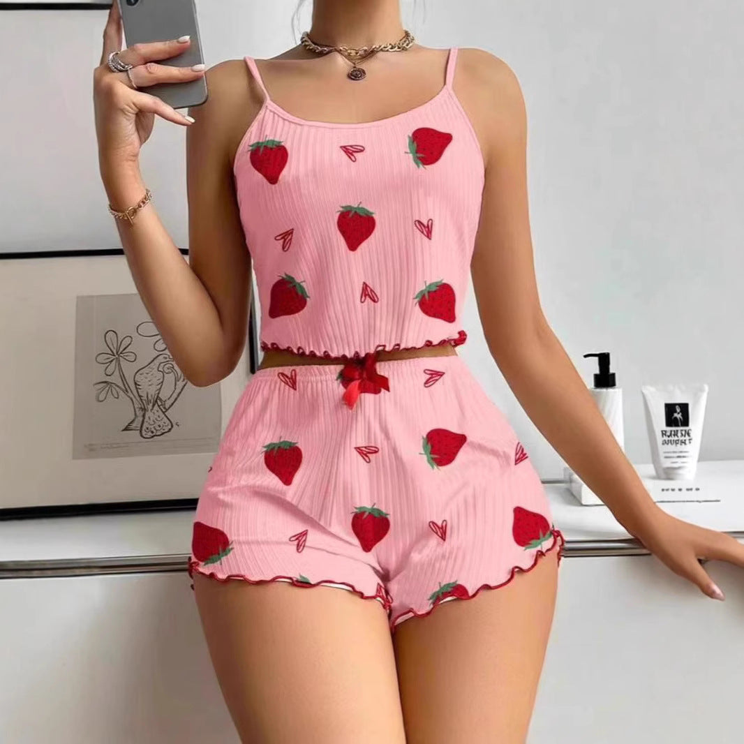 Lichte cropped dames pyjamaset met spaghettibandjes – LÉORA SET - Glamorix