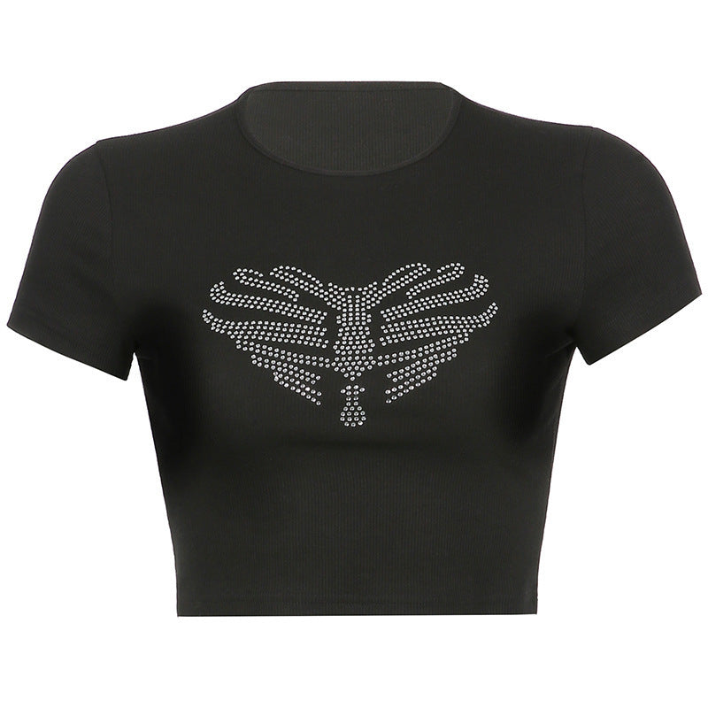 Zwarte dames crop top met strass ribcage-detail – KALYRA SPARK - Glamorix
