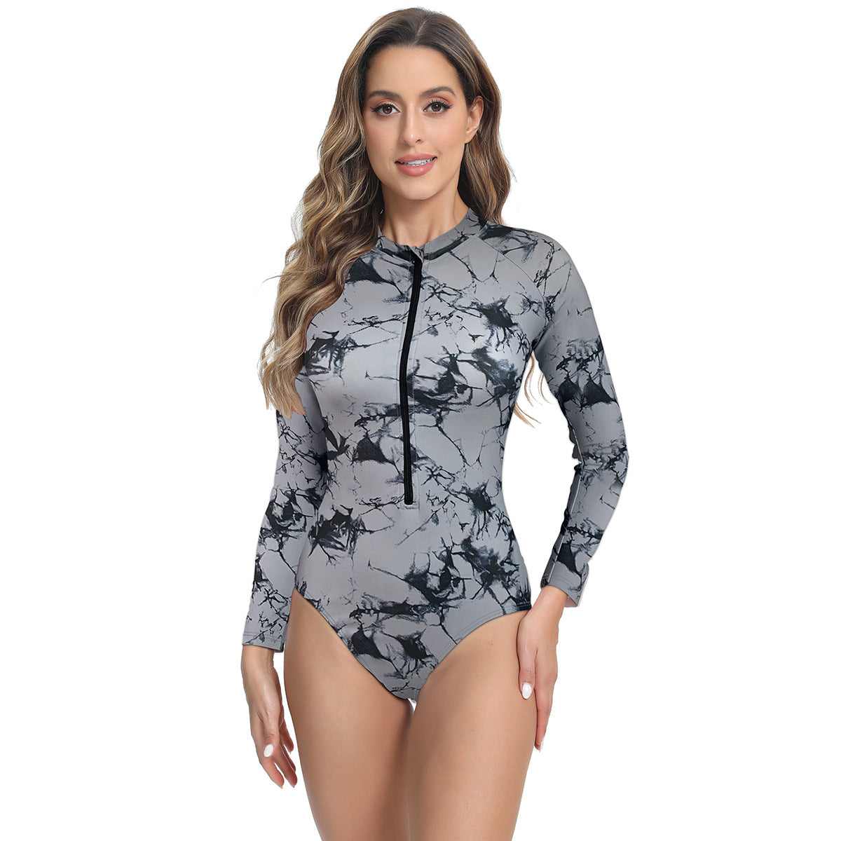 Modieus langmouw badpak met frontrits en sportieve allure – VALERIA - Glamorix