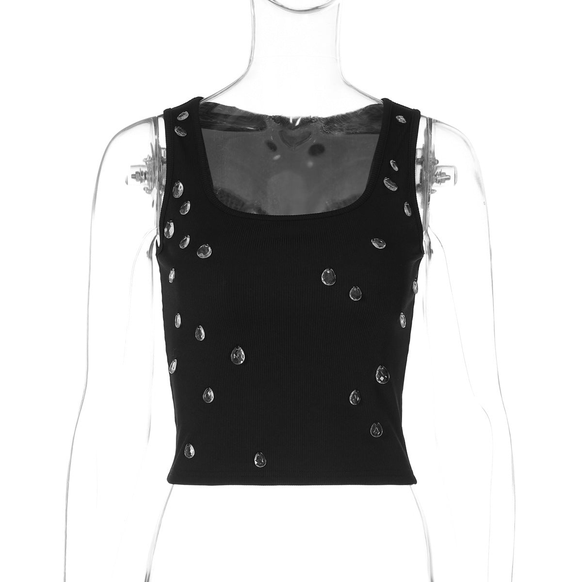 Elegante dames tanktop met vierkante hals en siersteentjes – VELINA GLOW - Glamorix