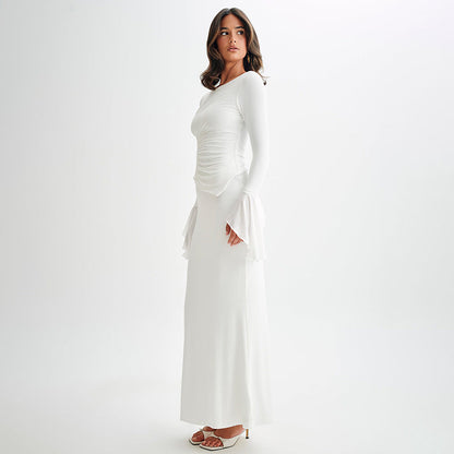 Lange damesjurk met drapering en flared mouwen – ELENORA GRACE - Glamorix