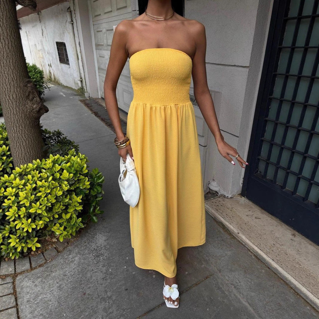 Modieuze strapless midi-jurk met smocktop – ELARA - Glamorix