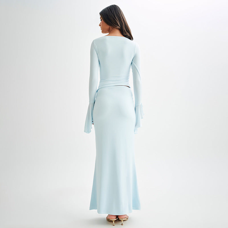 Lange damesjurk met drapering en flared mouwen – ELENORA GRACE - Glamorix