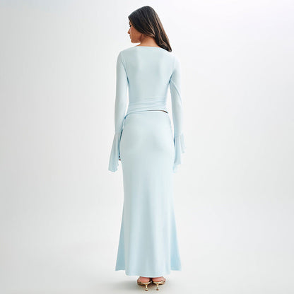 Lange damesjurk met drapering en flared mouwen – ELENORA GRACE - Glamorix