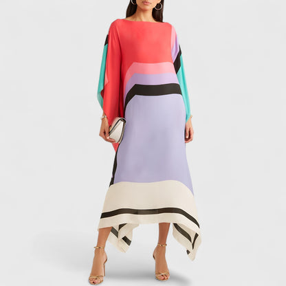 Vloeiende damesjurk met kaftan-snit en asymmetrische zoom – AYLA DRIFT - Glamorix