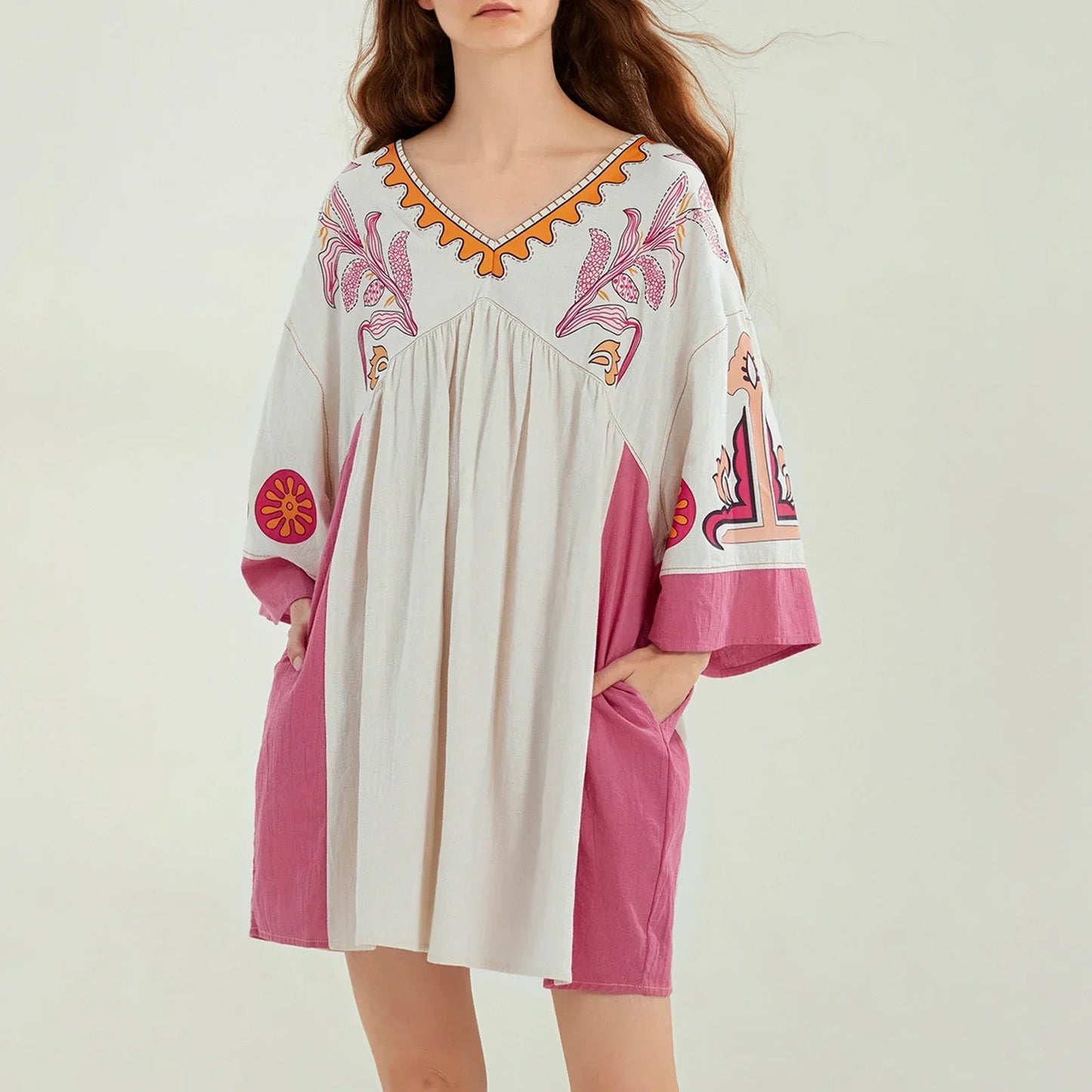 Dames tuniekjurk met V-hals en geborduurde details – ISLA BOHO - Glamorix