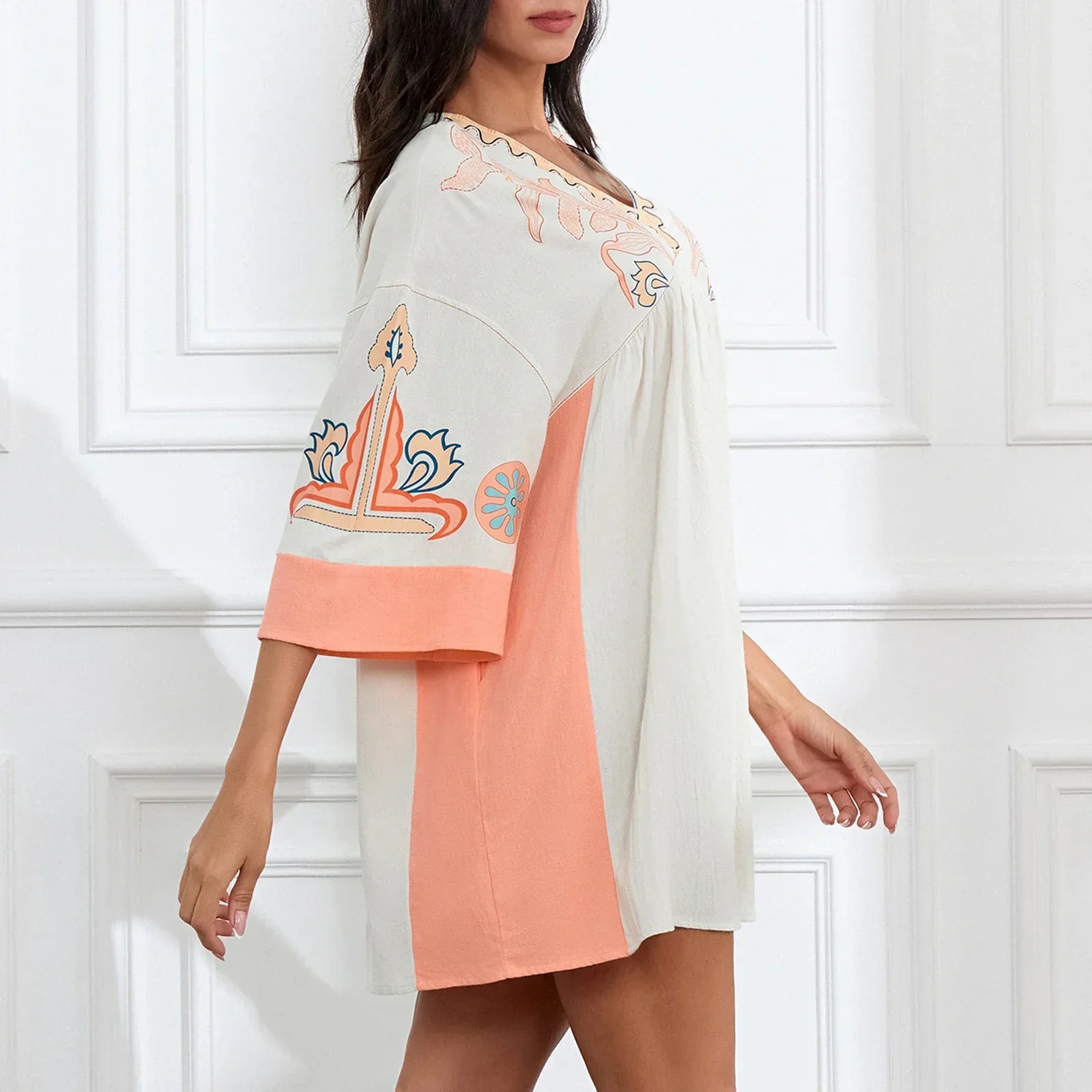 Dames tuniekjurk met V-hals en geborduurde details – ISLA BOHO - Glamorix