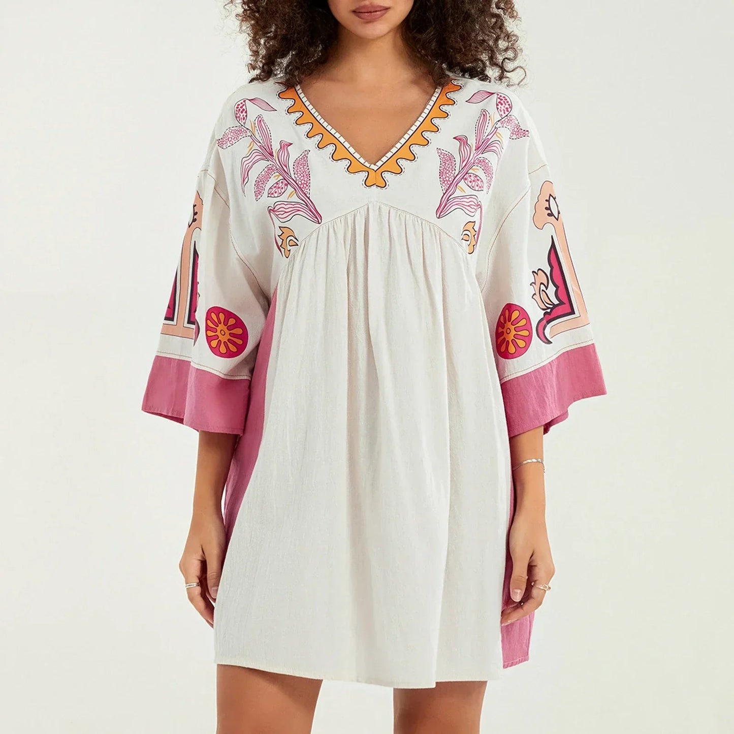 Dames tuniekjurk met V-hals en geborduurde details – ISLA BOHO - Glamorix