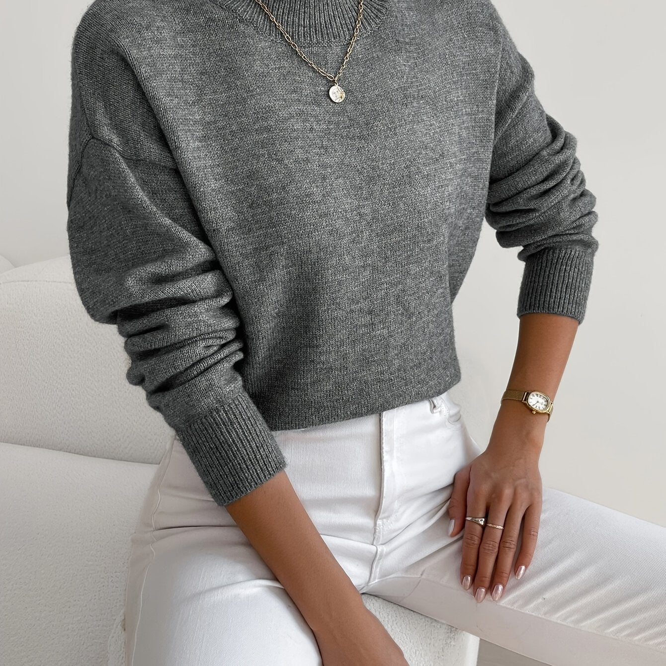 Pullover trui met mock neck en drop voor dames – LUMENWEAR - Glamorix
