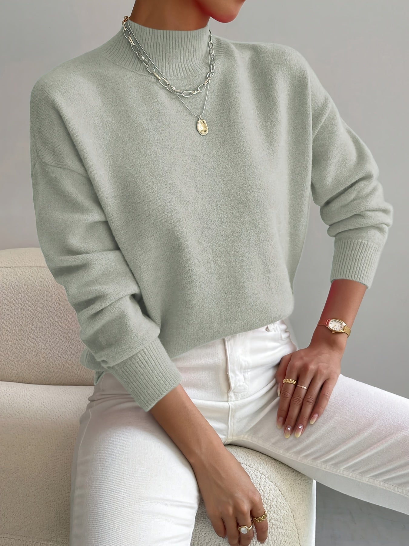 Pullover trui met mock neck en drop voor dames – LUMENWEAR - Glamorix