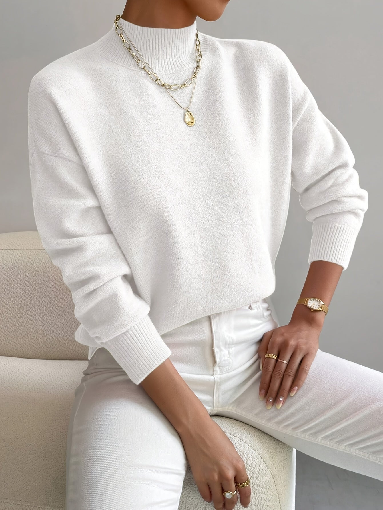 Pullover trui met mock neck en drop voor dames – LUMENWEAR - Glamorix