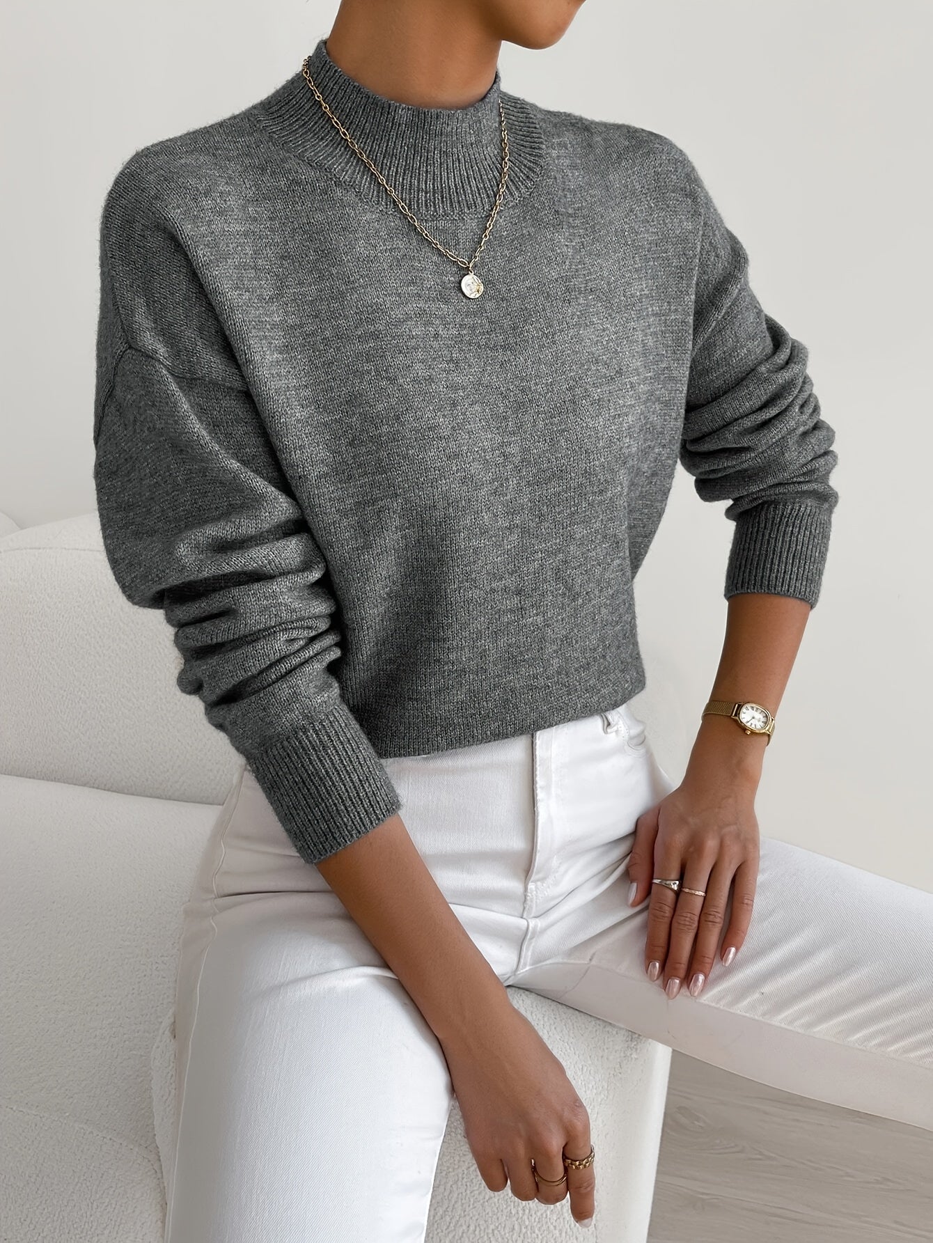 Pullover trui met mock neck en drop voor dames – LUMENWEAR - Glamorix