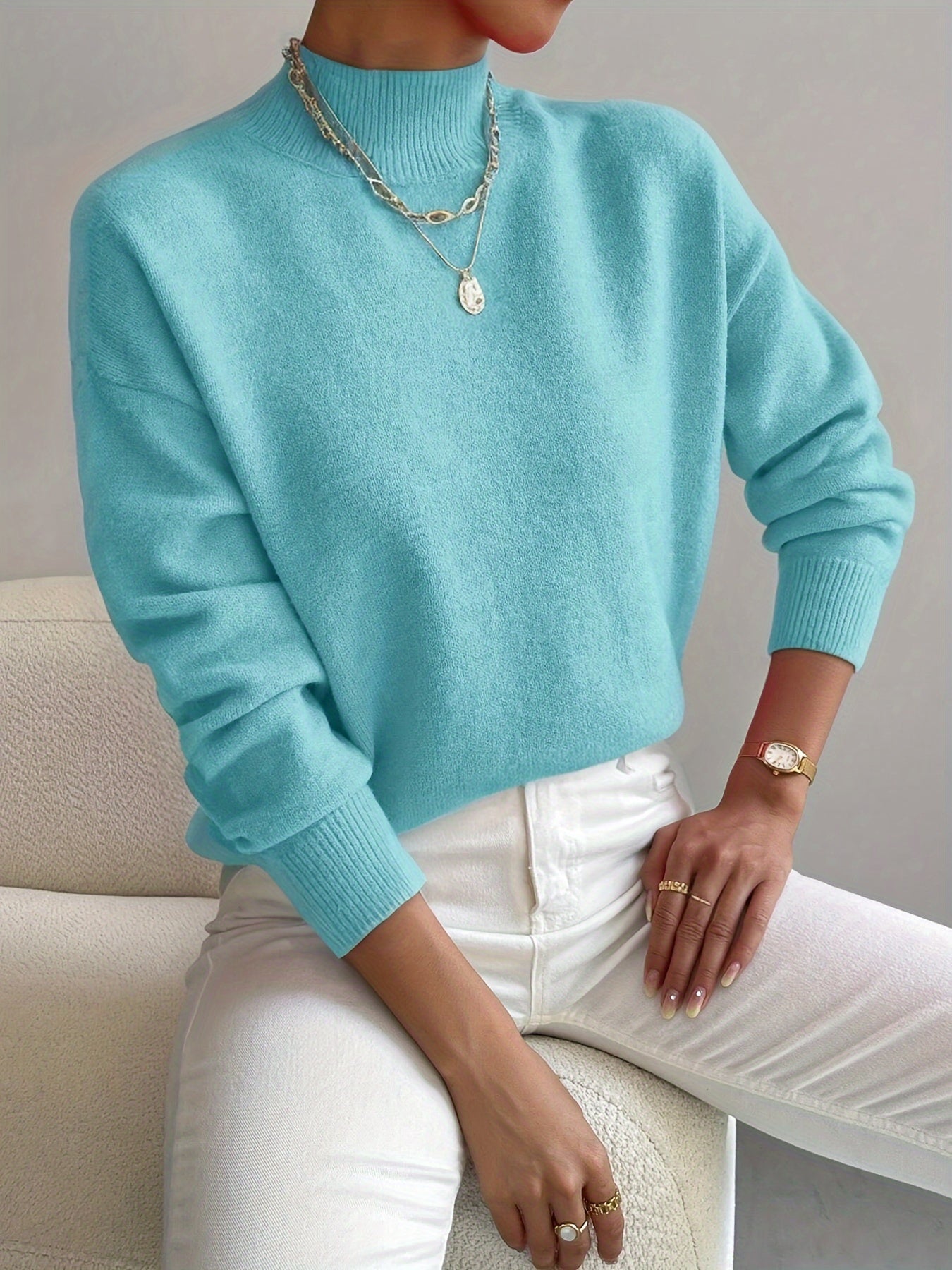 Pullover trui met mock neck en drop voor dames – LUMENWEAR - Glamorix