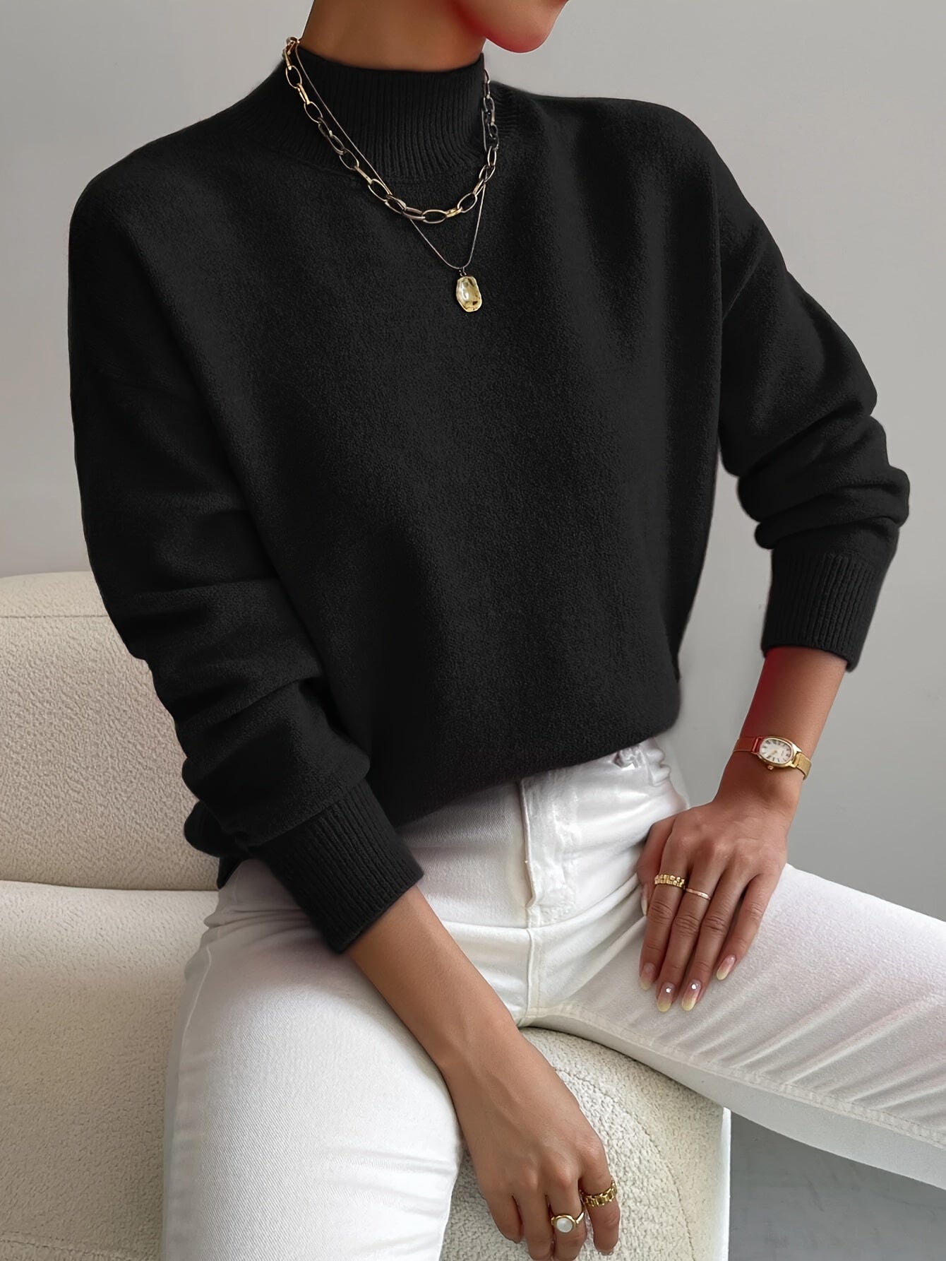 Pullover trui met mock neck en drop voor dames – LUMENWEAR - Glamorix