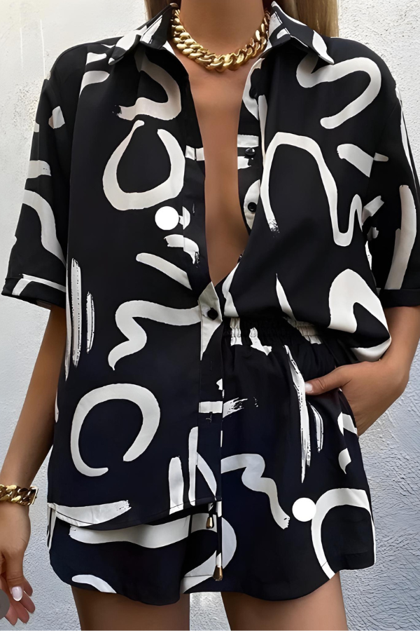 Tweedelige dames set met losvallende blouse en short – MAELIE LINNSET - Glamorix