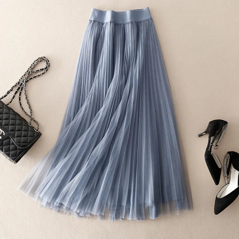 LUCIA - Soepel vallende geplooide mesh maxi-rok voor dames