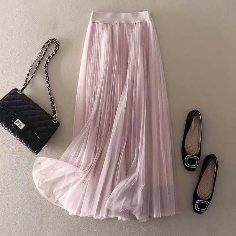 LUCIA - Soepel vallende geplooide mesh maxi-rok voor dames