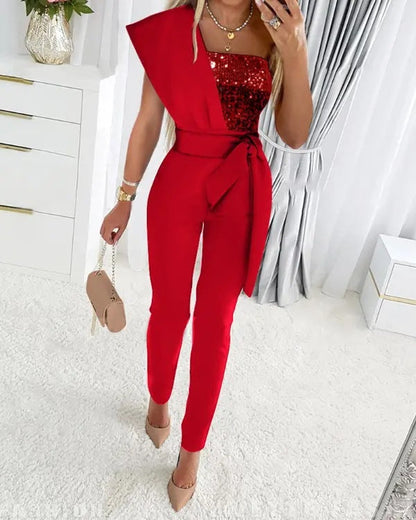 Glamoureuze glitter jumpsuit met asymmetrische schouder – LunariaGlam - Glamorix