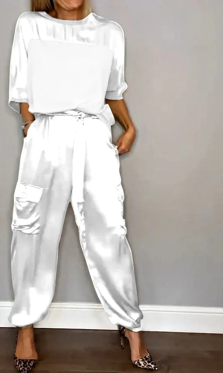 Satijnen dames set met losse top en cargo broek – LIA SHINE - Glamorix
