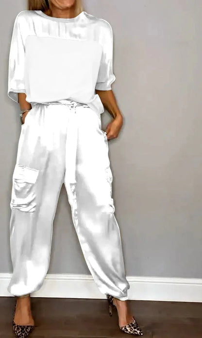 Satijnen dames set met losse top en cargo broek – LIA SHINE - Glamorix