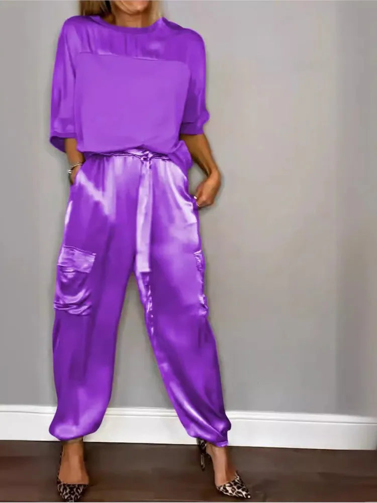 Satijnen dames set met losse top en cargo broek – LIA SHINE - Glamorix