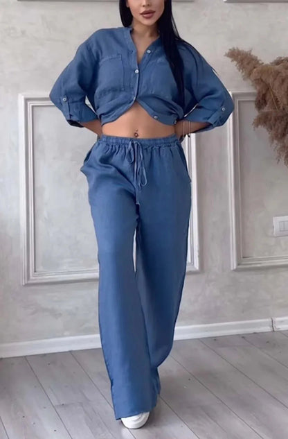 Losvallend damespak met rechte broek en lange mouwen – AVA SUIT - Glamorix