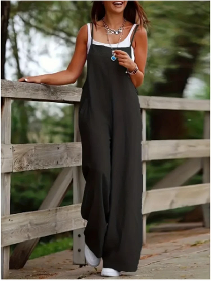 Losvallende damesjumpsuit met wijde pijpen en verstelbare schouderbanden – LINA FLOWSUIT - Glamorix