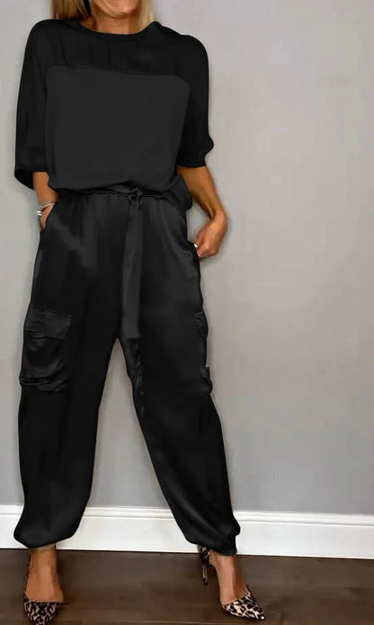 Satijnen dames set met losse top en cargo broek – LIA SHINE - Glamorix