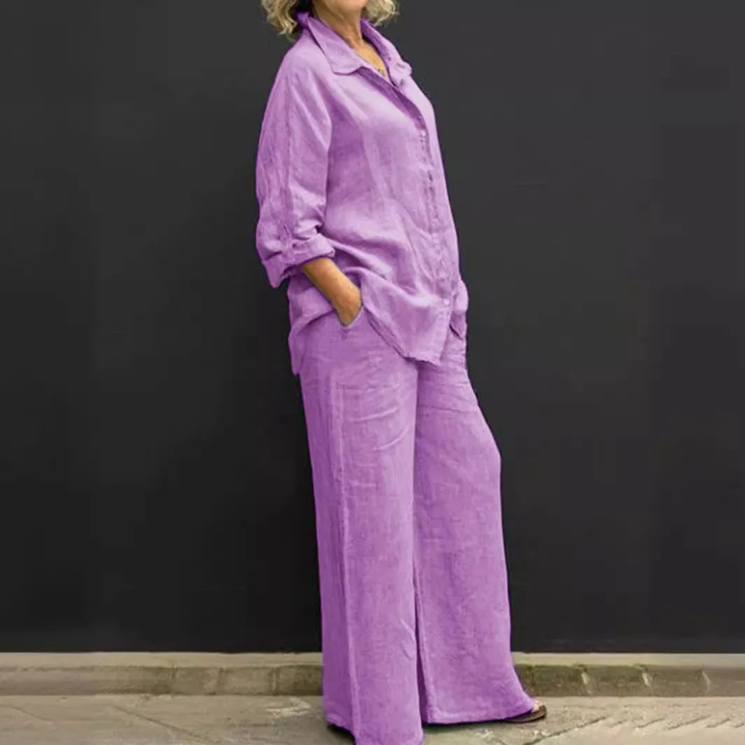 Luchtig damespak met doorknoopblouse en wijde broek – LYNA SET - Glamorix
