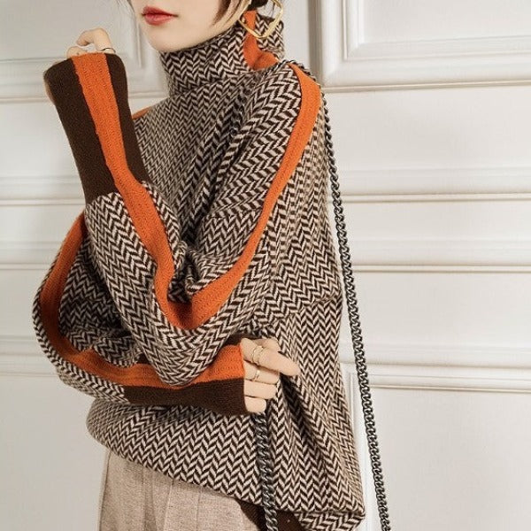 PENNI - Suéter de cuello alto jaspeado con llamativa franja de contraste para mujeres - Glamorix