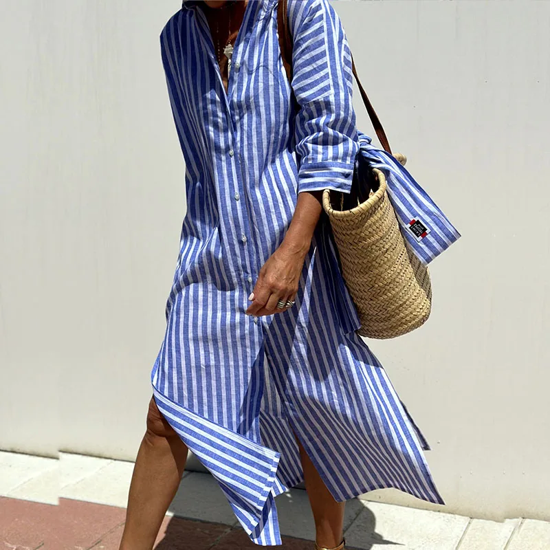 Luchtige katoenen overhemdjurk met zomerse strepen – NuvoraLijn - Glamorix