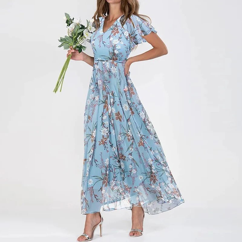 Vesna maxi-jurk met bloemenprint en v-hals voor dames – NOVA - Glamorix